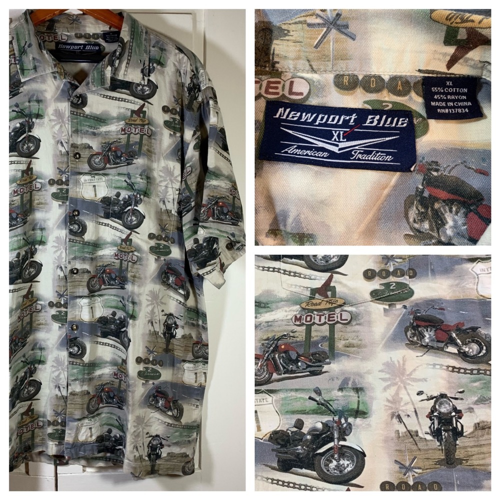 Newport Blue Motorcycle Hawaiian Shirt Mens XL Route 66 Road Trip‎ Motel Print